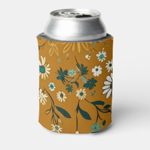 Autumn Retro Boho Mustard Flowers Pattern Can Cooler