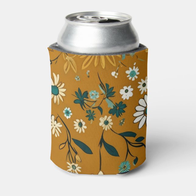 Autumn Retro Boho Mustard Flowers Pattern Can Cooler (Can Back)