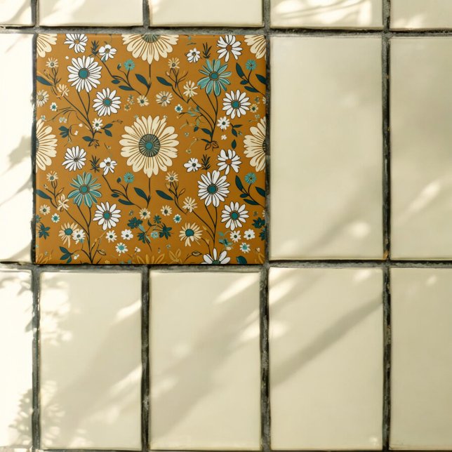Autumn Retro Boho Mustard Flowers Pattern Ceramic Tile (Creator Uploaded)