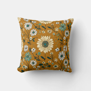 Autumn Retro Boho Mustard Flowers Pattern Cushion
