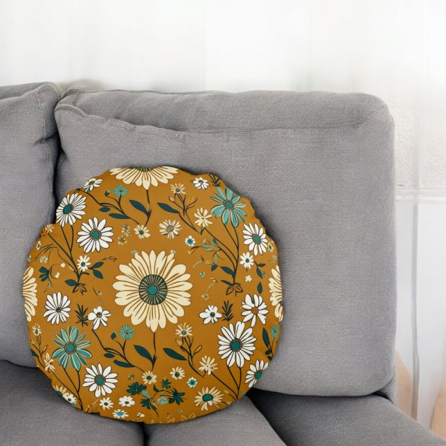 Autumn Retro Boho Mustard Flowers Pattern Round Cushion (Creator Uploaded)