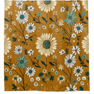 Autumn Retro Boho Mustard Flowers Pattern Shower Curtain