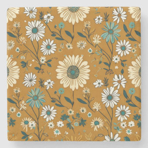 Autumn Retro Boho Mustard Flowers Pattern Stone Coaster