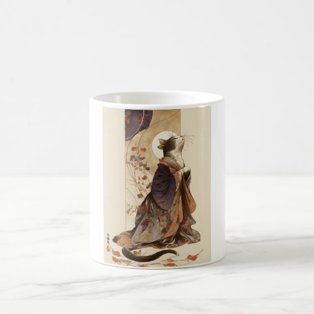 "Autumn Reverie" Japanese Cat in Kimono Art Coffee Mug (Center)