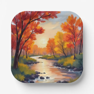 Autumn River   Fall Foliage Nature Watercolor Paper Plate