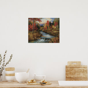 Autumn River Landscape Oil Painting  Poster