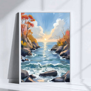 Autumn River Sunlight Fall Landscape Watercolor Poster
