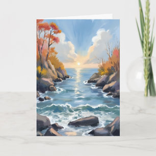 Autumn River Sunlight Landscape Watercolor Card