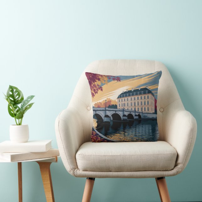 Autumn Riverside European City Illustration Art Cushion (Chair)