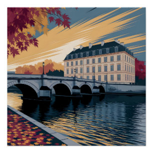 Autumn Riverside European City Illustration Art Poster