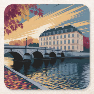 Autumn Riverside European City Illustration Art Square Paper Coaster