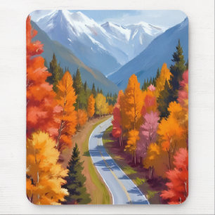 Autumn Road Fall Foliage Watercolor Nature Mouse Pad