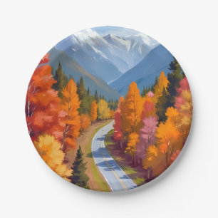 Autumn Road Fall Foliage Watercolor Nature Paper Plate