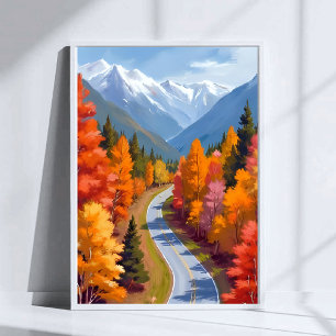 Autumn Road   Fall Foliage Watercolor Nature Poster