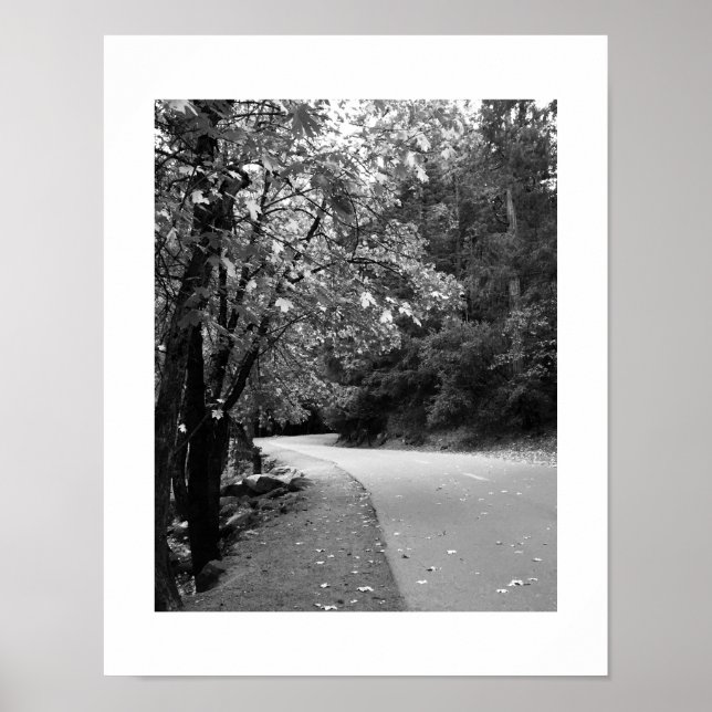 Autumn Road Leaves Yosemite Poster - Black & White (Front)