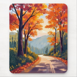 Autumn Road Watercolor Fall Foliage Leaves Mouse Pad