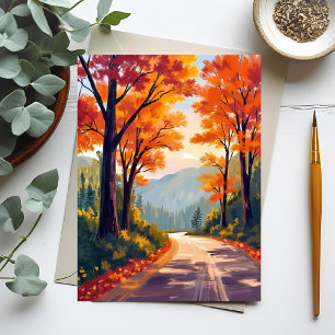 Autumn Road   Watercolor Fall Foliage Leaves Postcard