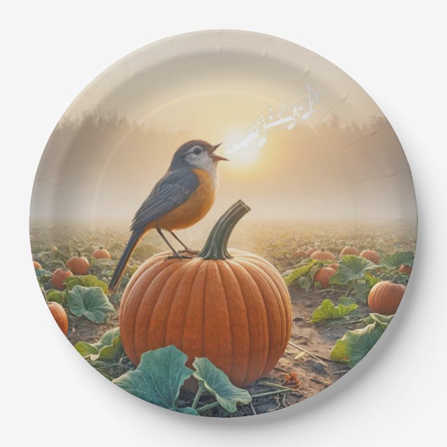 Autumn Robin Singing On a Pumpkin Paper Plate (Front)
