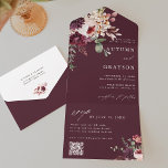 Autumn Romance Burgundy Floral Wedding QR Code All In One Invitation<br><div class="desc">All-in-one wedding invitation with RSVP QR code. For more advanced customisation of this design,  please click the BLUE DESIGN TOOL BUTTON. Matching items are also available.</div>