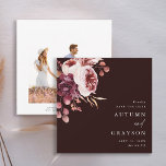 Autumn Romance Burgundy Watercolor Wedding Photo  Save The Date<br><div class="desc">This elegant wedding save the date invitation features a watercolor flower bouquet of dahlia,  garden rose,  peony,  and pampas grass in burgundy red,  terracotta,  blush pink over fall leaves. For more advanced customisation of this design,  please click the BLUE DESIGN TOOL BUTTON. Matching items are also available.</div>
