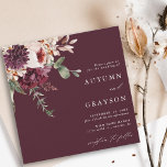 Autumn Romance Burgundy Watercolor Wedding Square Invitation<br><div class="desc">This wedding invitation features a watercolor flower bouquet of dahlia,  garden rose,  and hydrangea in burgundy red,  maroon,  blush pink over fall leaves. For more advanced customisation of this design,  please click the BLUE DESIGN TOOL BUTTON. Matching items are also available.</div>