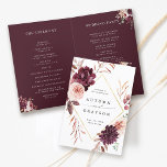 Autumn Romance Burgundy Wedding Folded Program<br><div class="desc">This wedding ceremony program features a watercolor flower wreath of dahlias,  garden roses,  and peony in burgundy red,  maroon,  blush pink over fall leaves with a faux gold diamond shape frame. For more advanced customisation of this design,  please click the BLUE DESIGN TOOL BUTTON. Matching items are also available.</div>