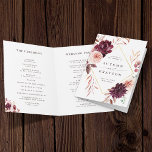 Autumn Romance Burgundy Wedding Folded      Program<br><div class="desc">This wedding ceremony program features a watercolor flower wreath of dahlias,  garden roses,  and peony in burgundy red,  maroon,  blush pink over fall leaves with a faux gold diamond shape frame. For more advanced customisation of this design,  please click the BLUE DESIGN TOOL BUTTON. Matching items are also available.</div>
