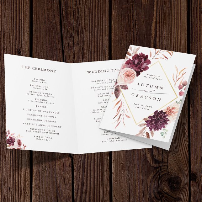 Autumn Romance Burgundy Wedding Folded      Program (Front & Inside)