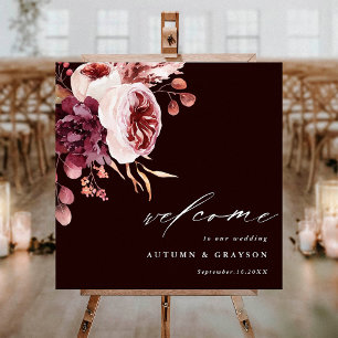 Autumn Romance Dark Burgundy Wedding Welcome Poster