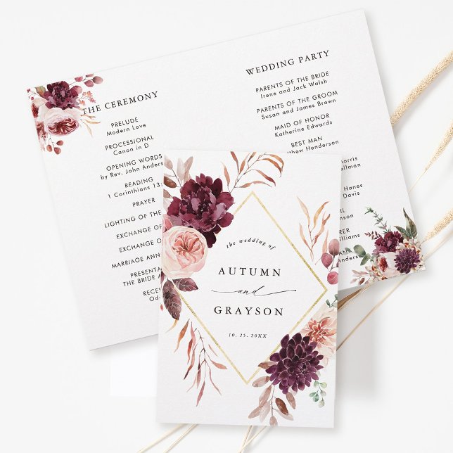 Autumn Romance Elegant Burgundy Wedding Program (Front & Inside)