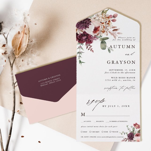 Autumn Romance Elegant Floral Wedding  All In One Invitation (Inside & Back)