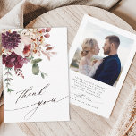 Autumn Romance Elegant Floral Wedding Photo Thank You Card<br><div class="desc">This wedding thank you card features a watercolor flower bouquet of dahlia,  garden rose,  and hydrangea in burgundy red,  maroon,  blush pink over fall leaves with a photo on the back. For more advanced customisation of this design,  please click the BLUE DESIGN TOOL BUTTON. Matching items are also available.</div>