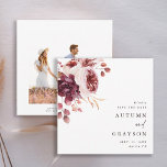 Autumn Romance Floral Wedding Photo Square Save The Date<br><div class="desc">This elegant wedding save the date invitation features a watercolor flower bouquet of dahlia,  garden rose,  peony,  and pampas grass in burgundy red,  maroon,  blush pink over fall leaves. For more advanced customisation of this design,  please click the BLUE DESIGN TOOL BUTTON. Matching items are also available.</div>