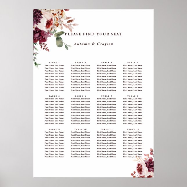 Autumn Romance Floral Wedding Seating Chart  (Front)