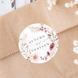 Autumn Romance Floral Wreath Wedding  Classic Round Sticker<br><div class="desc">This wedding sticker features a watercolor flower wreath of dahlias,  garden roses,  peony,  and poppy in burgundy red,  maroon,  blush pink over fall leaves. For more advanced customisation of this design,  please click the BLUE DESIGN TOOL BUTTON. Matching items are also available.</div>