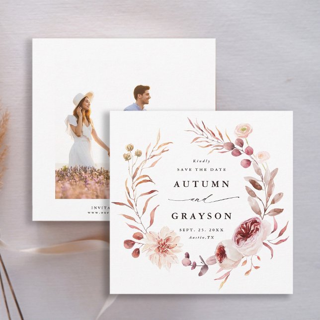 Autumn Romance Floral Wreath Wedding Photo Save The Date (Front & Back)
