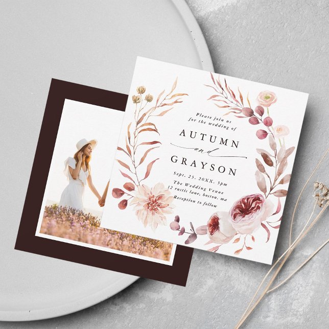 Autumn Romance Floral Wreath Wedding Photo Square Invitation (Front & Back)