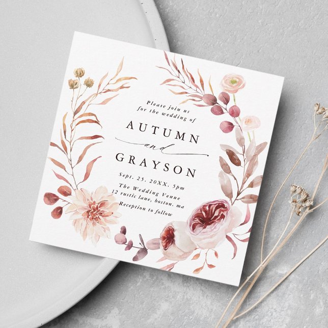 Autumn Romance Floral Wreath Wedding Square  Invitation (Creator Uploaded)