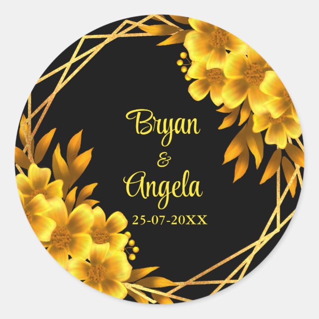 Autumn romance gold & black floral geometric classic round sticker (Front)