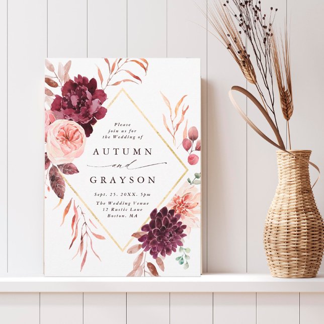 Autumn Romance Gold Frame Burgundy Wedding  Invitation (Creator Uploaded)