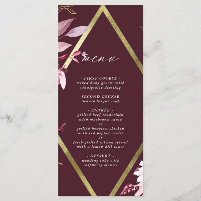 Autumn Romance Gold Frame Burgundy Wedding Menu (Front)
