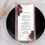 Autumn Romance Gold Frame Burgundy Wedding Menu<br><div class="desc">This wedding menu features a watercolor flower wreath of dahlias,  garden roses,  and peony in burgundy red,  maroon,  blush pink over fall leaves with a faux gold diamond shape frame. For more advanced customisation of this design,  please click the BLUE DESIGN TOOL BUTTON. Matching items are also available.</div>