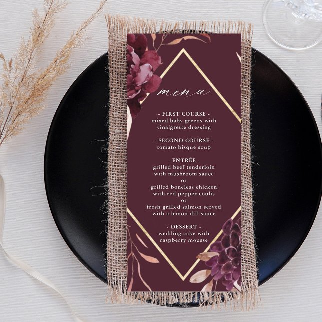 Autumn Romance Gold Frame Burgundy Wedding Menu (Creator Uploaded)