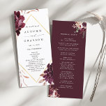 Autumn Romance Gold Frame Burgundy Wedding Program<br><div class="desc">This wedding ceremony program features a watercolor flower wreath of dahlias,  garden roses,  and peony in burgundy red,  maroon,  blush pink over fall leaves with a faux gold diamond shape frame. For more advanced customisation of this design,  please click the BLUE DESIGN TOOL BUTTON. Matching items are also available.</div>