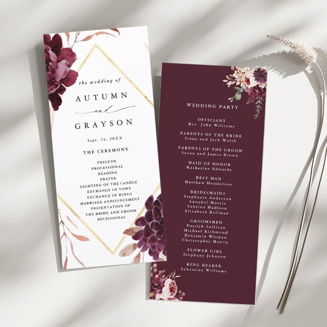 Autumn Romance Gold Frame Burgundy Wedding Program (Front & Back)