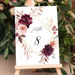 Autumn Romance Gold Frame Burgundy Wedding Table Number<br><div class="desc">This wedding table number features a watercolor flower wreath of dahlias,  garden roses,  and peony in burgundy red,  maroon,  blush pink over fall leaves with a faux gold diamond shape frame. For more advanced customisation of this design,  please click the BLUE DESIGN TOOL BUTTON. Matching items are also available.</div>