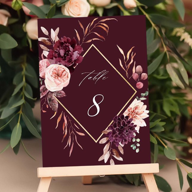 Autumn Romance Gold Frame Burgundy Wedding Table Number (Creator Uploaded)