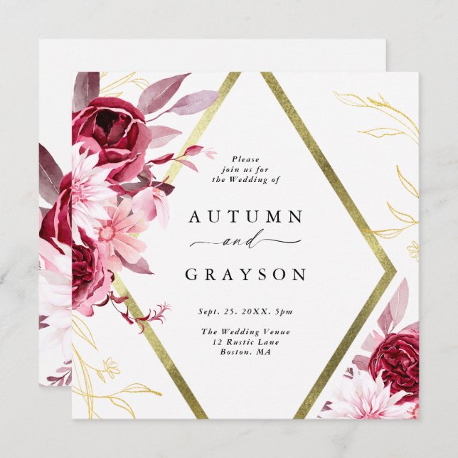 Autumn Romance Gold Frame Floral Wedding Invitation (Front/Back)