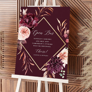 Autumn Romance Gold Frame Floral Wedding Open Bar Poster