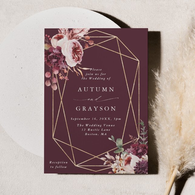 Autumn Romance Gold Geometric Watercolor Wedding Invitation (Creator Uploaded)